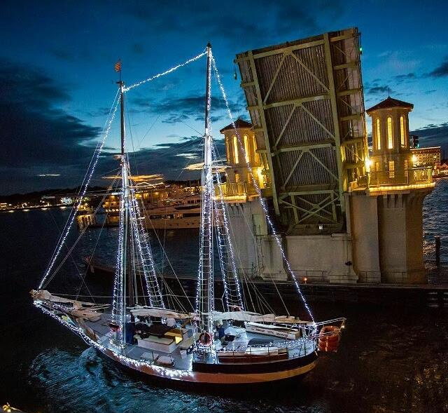 Schooner Freedom Nights of Lights, the sail boat lit up