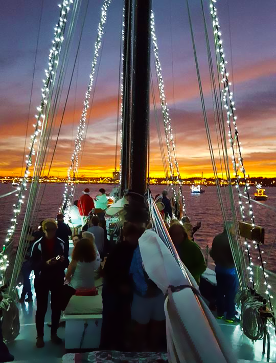 Schooner Freedom Nights of Lights view from being aboard, sailboat lit up