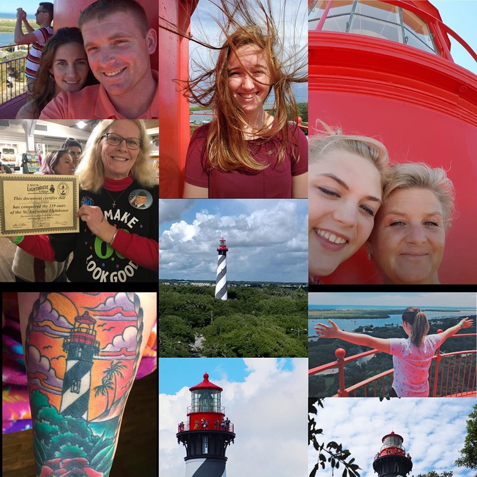 A collage of people enjoying visiting the St. Augustine Lighthouse, a tattoo of the lighthouse on a guest